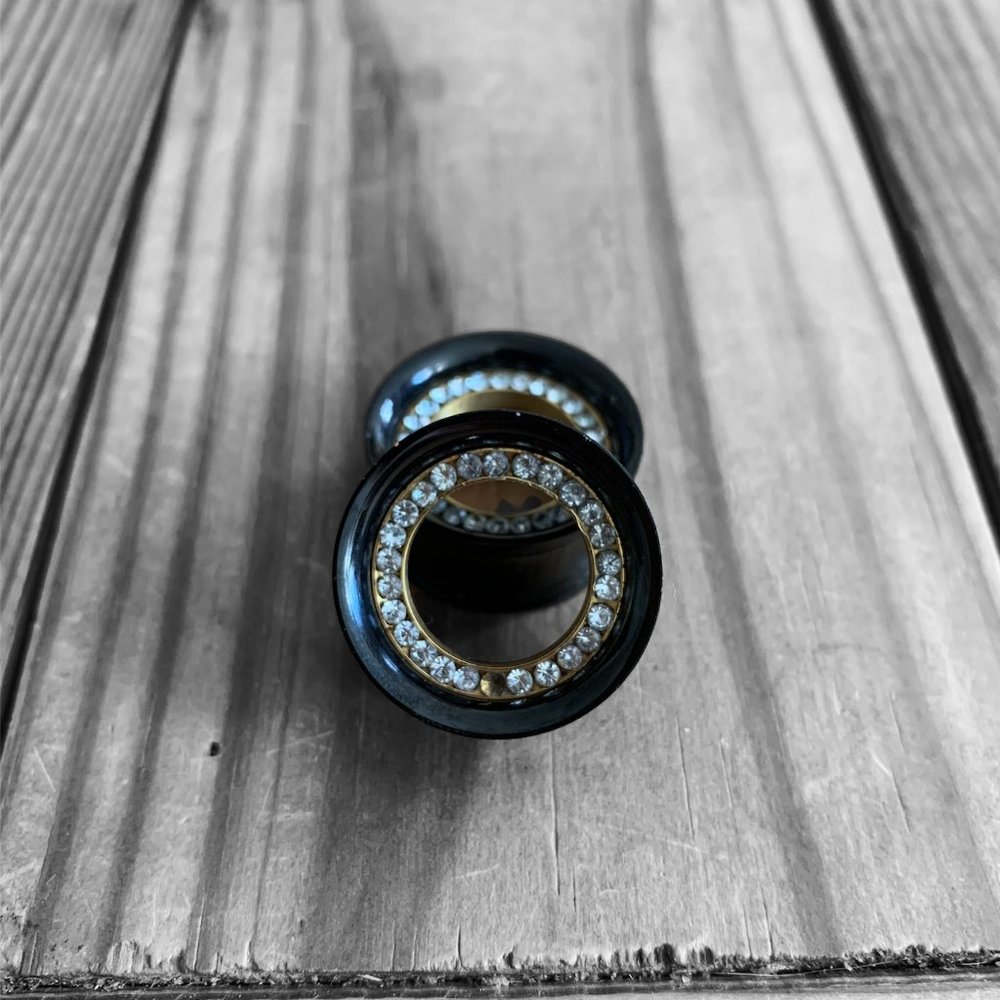 Tunnels Screw Fit Hollow Design With Multiple Cz Gems Black Gold SIZE 7/8"